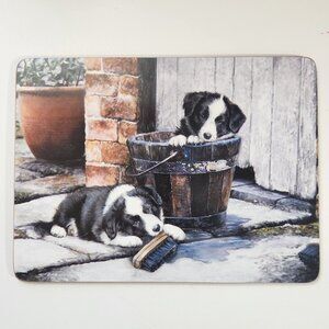 Vintage Enesco Border Fine Arts Studio Border Collie Puppy Art Cork-Backed